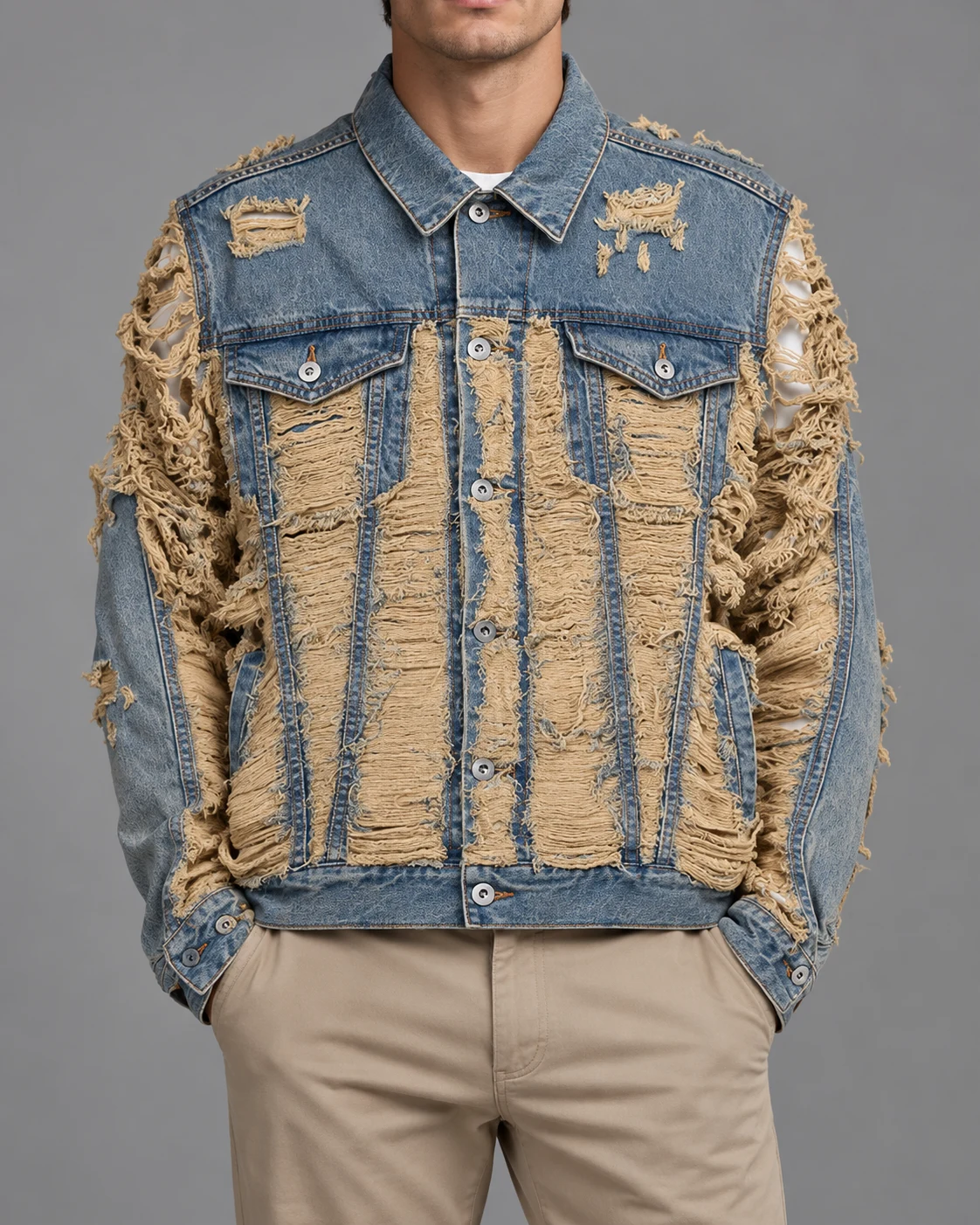 Blue Beige Shredded Denim Jacket — AI design reference 2
