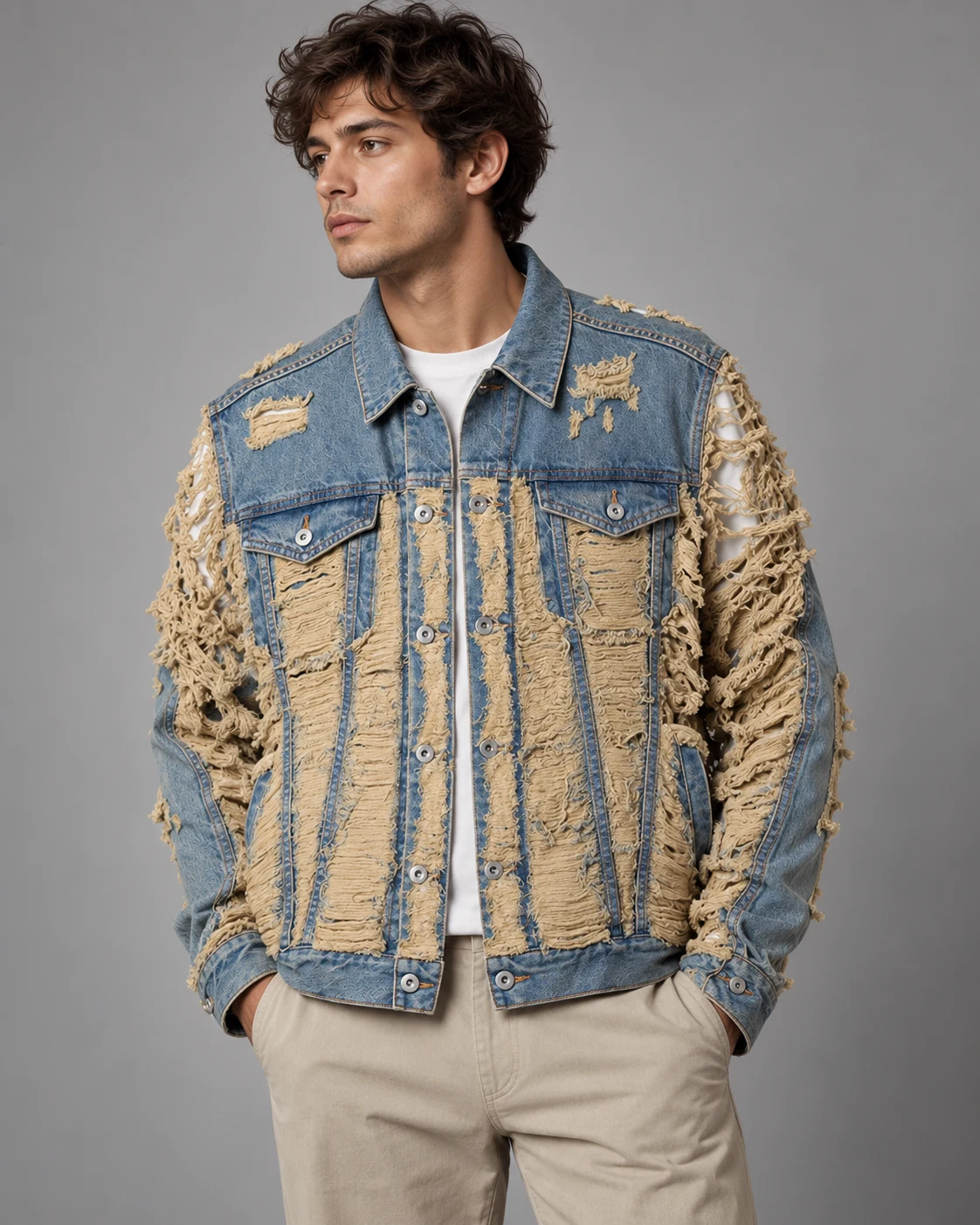 Blue Beige Shredded Denim Jacket — AI design reference 3