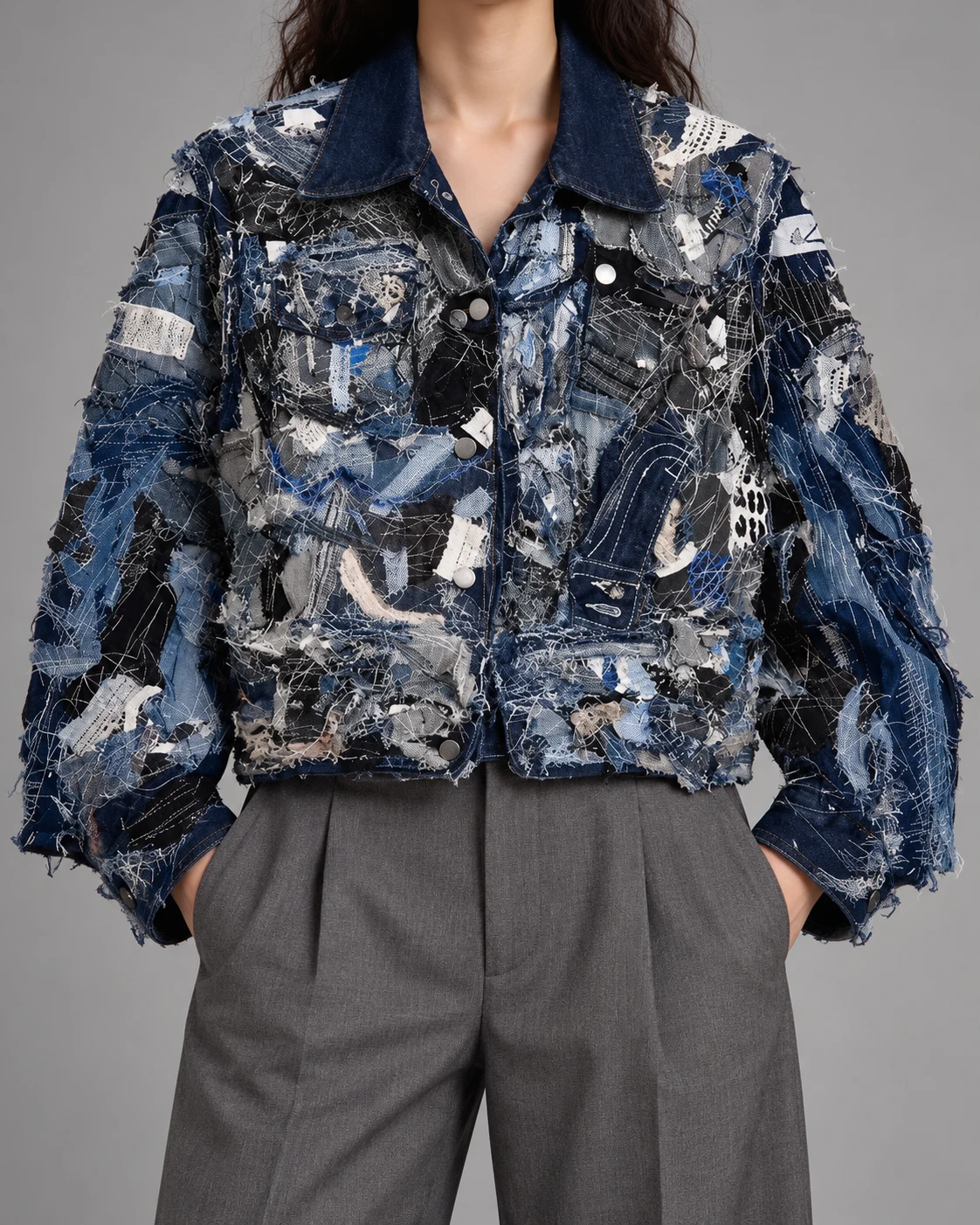 Dark Blue Reconstructed Scrap Denim Jacket — AI design reference 2