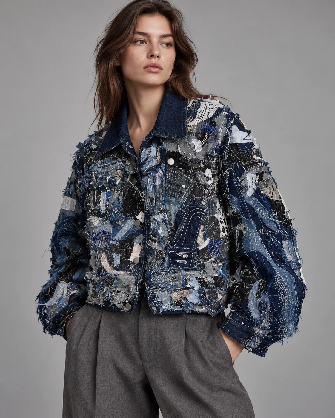 Dark Blue Reconstructed Scrap Denim Jacket — AI design reference 3