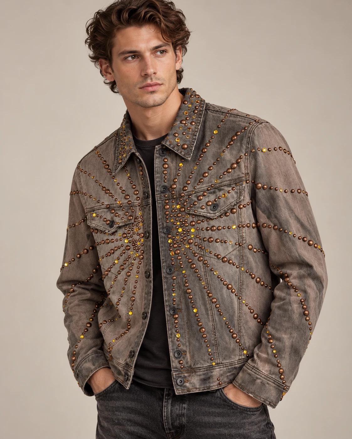 Taupe Radial Stud Denim Jacket — AI design reference 3