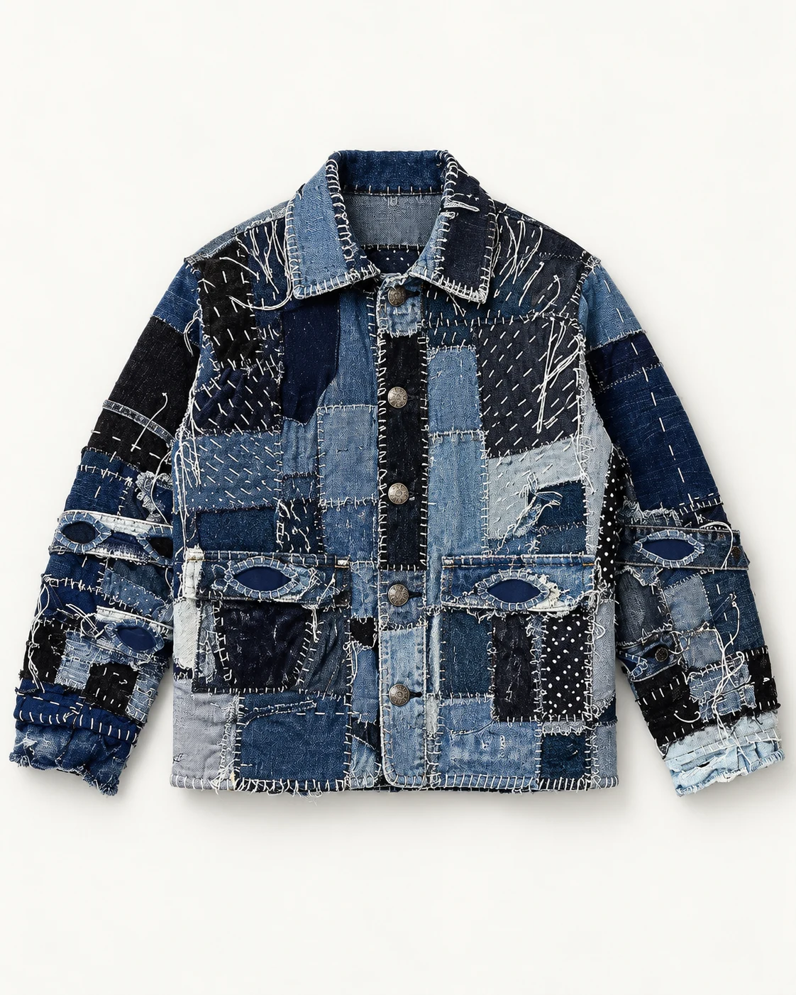 Blue Skull Boro Patchwork Denim Jacket — AI design reference 1