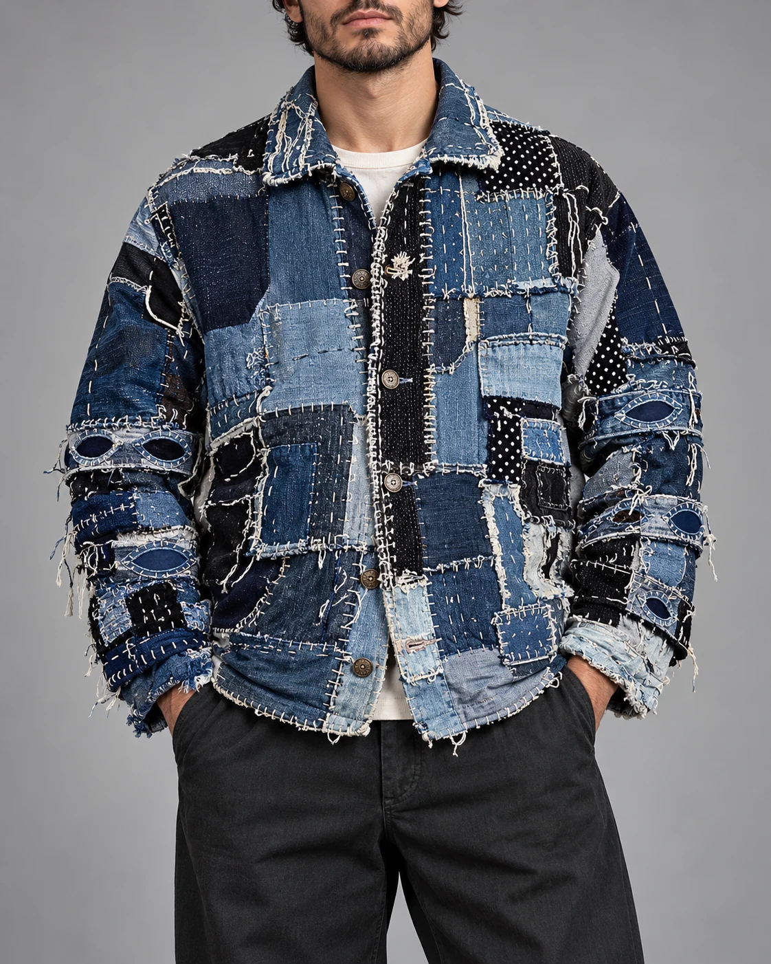 Blue Skull Boro Patchwork Denim Jacket — AI design reference 2