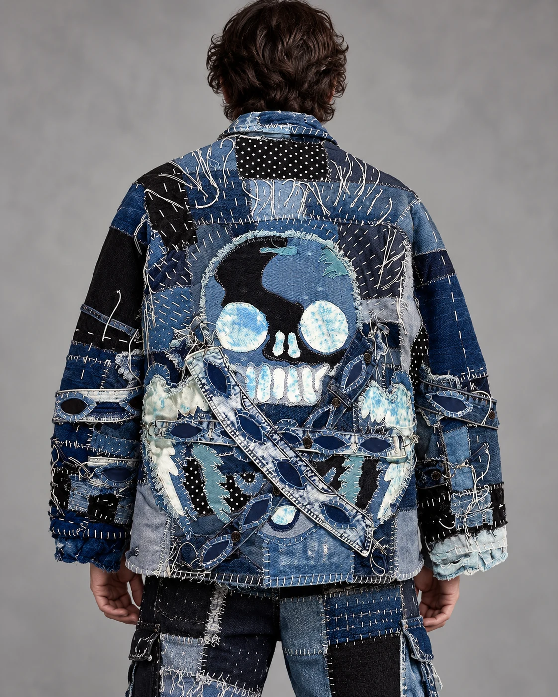 Blue Skull Boro Patchwork Denim Jacket — AI design reference 3
