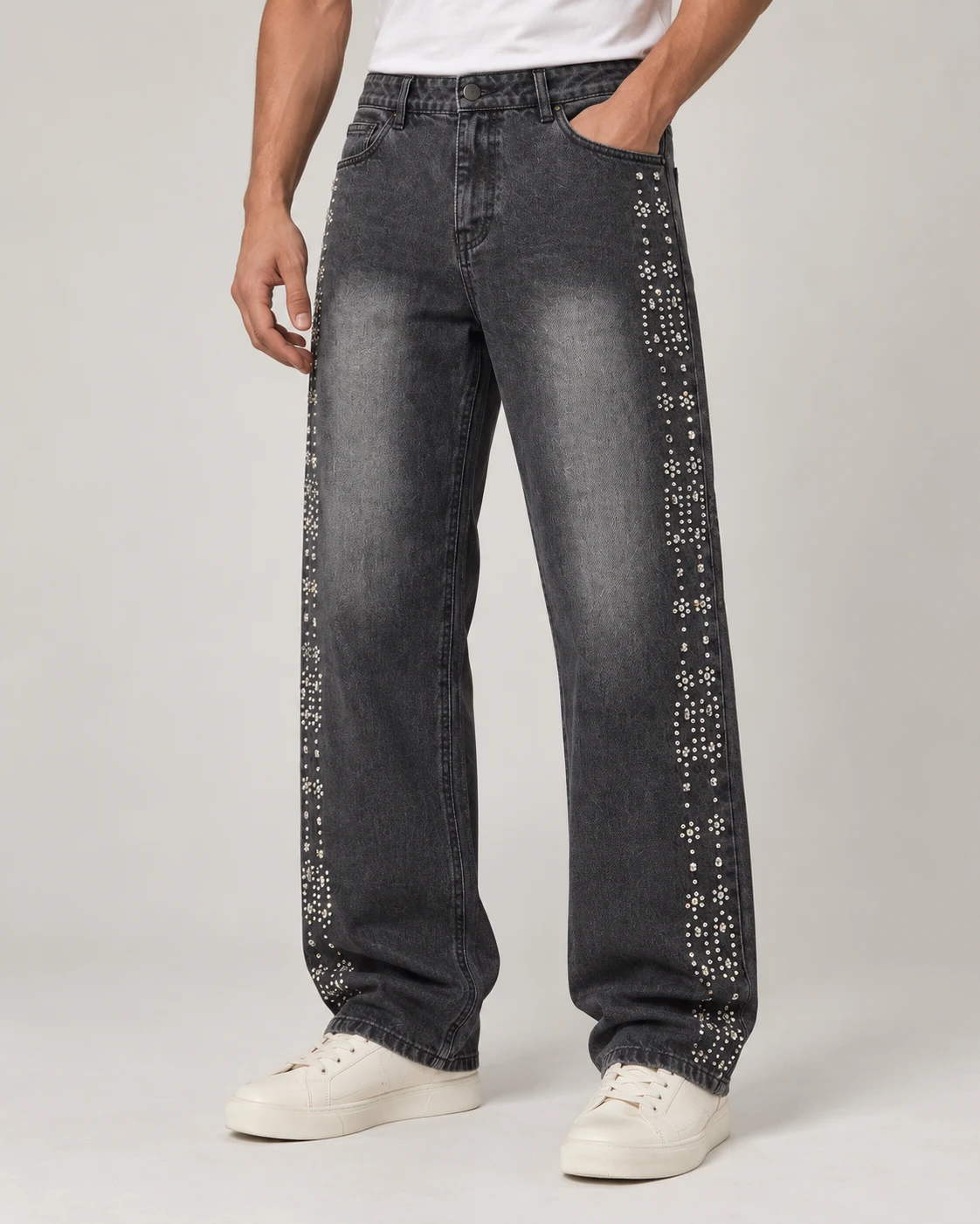 Charcoal Stud-Detail Wide-Leg Jeans — AI design reference 2