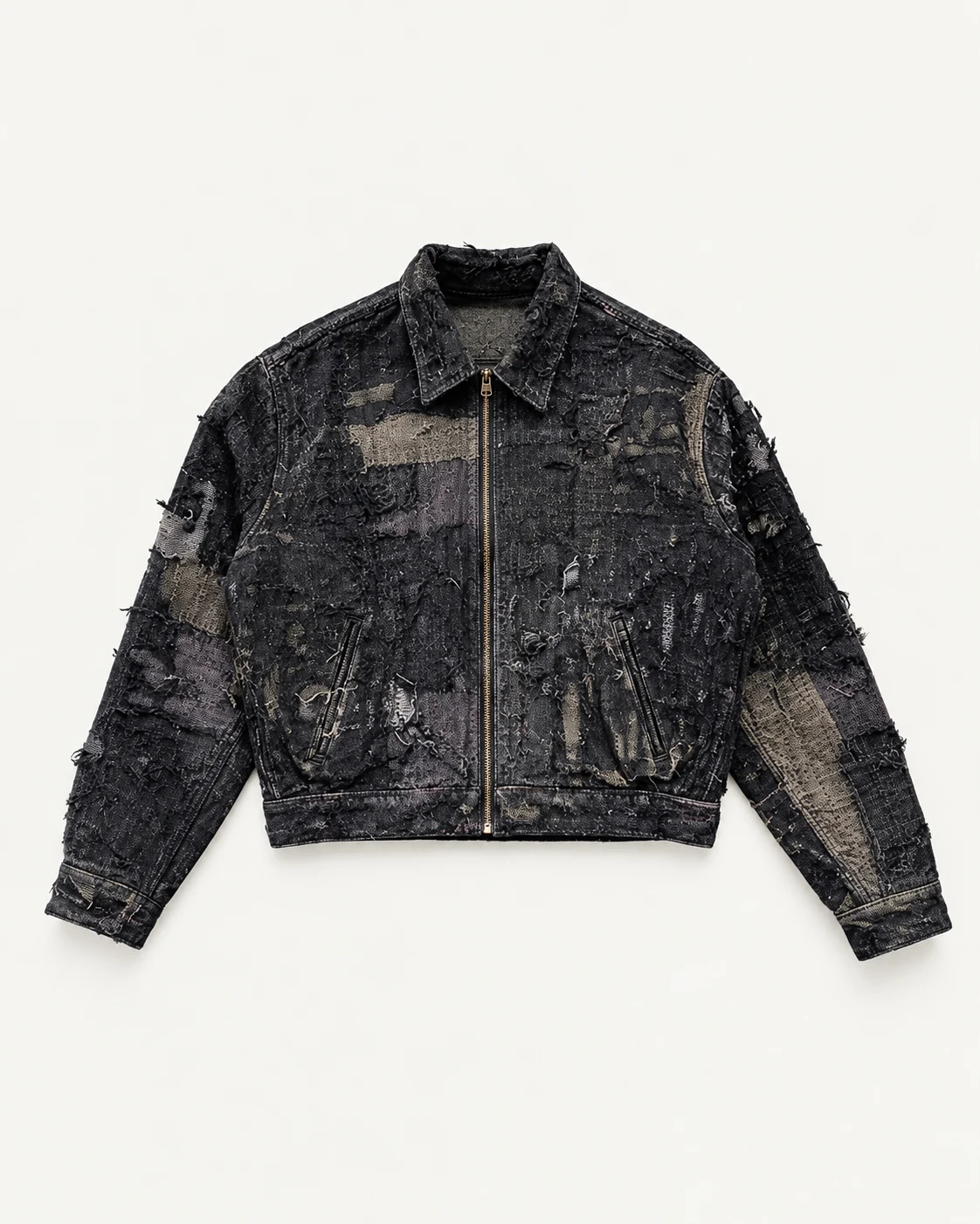 Black Grey Distressed Patchwork Zip Jacket — AI design reference 1