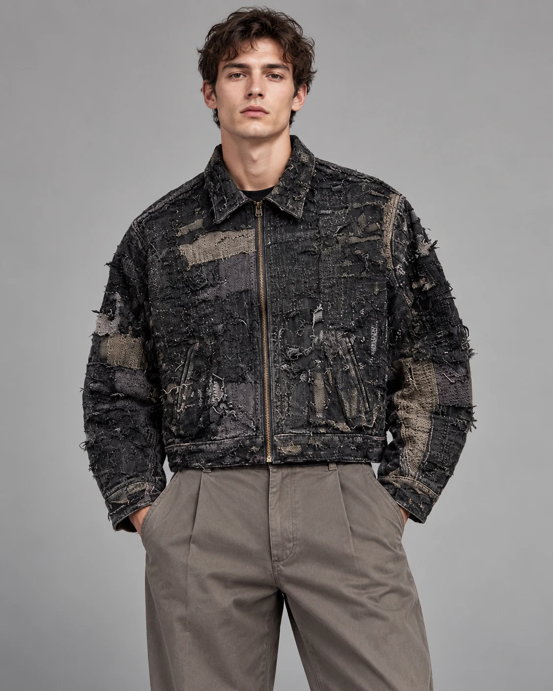 Black Grey Distressed Patchwork Zip Jacket — AI design reference 2