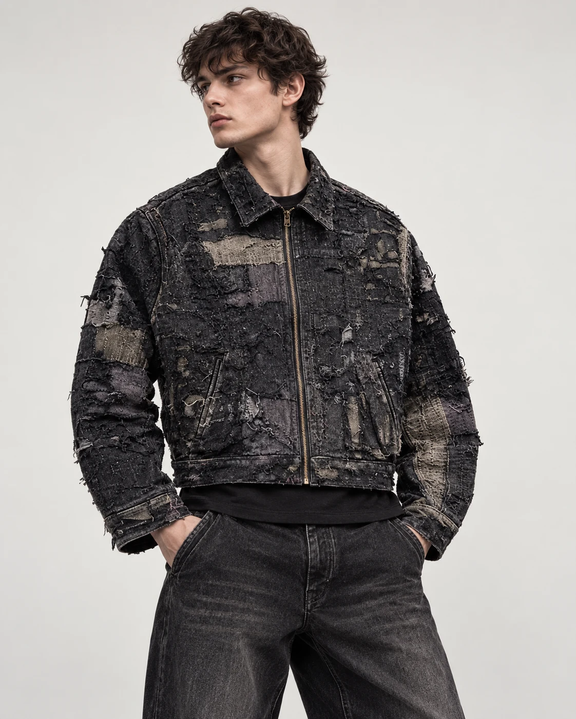 Black Grey Distressed Patchwork Zip Jacket — AI design reference 3