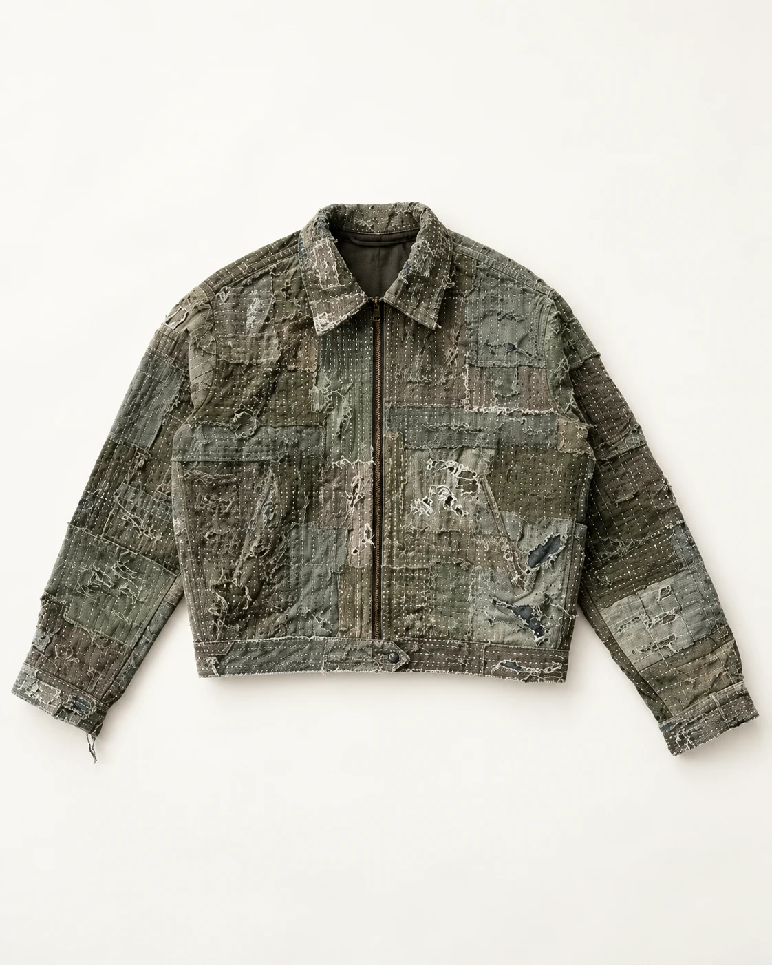 Grey Green Repair Patchwork Zip Jacket — AI design reference 1