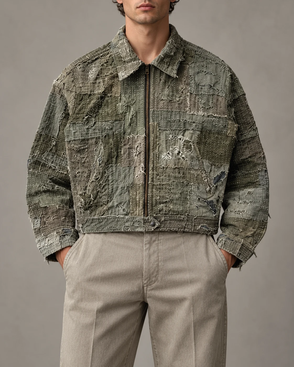 Grey Green Repair Patchwork Zip Jacket — AI design reference 2