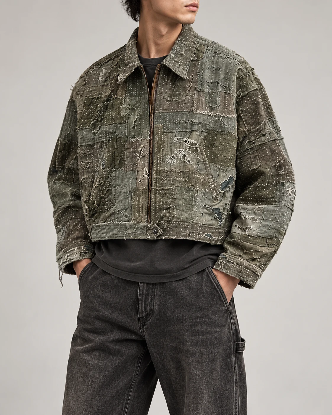 Grey Green Repair Patchwork Zip Jacket — AI design reference 3