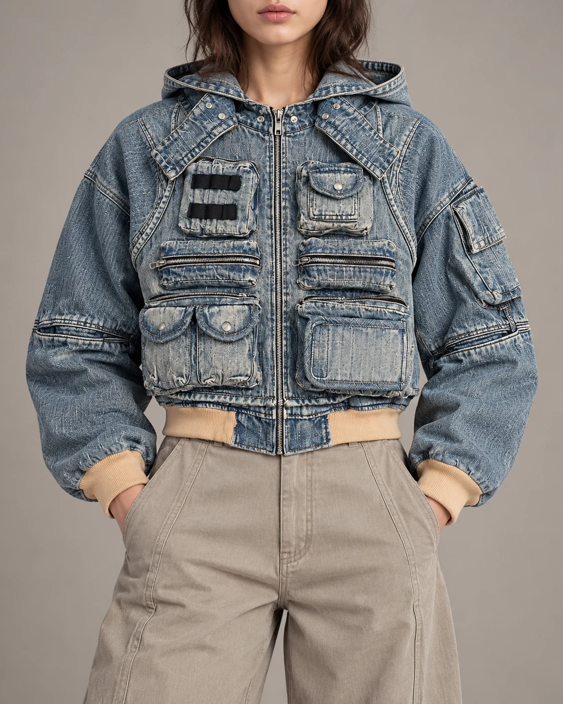 Multi-Pocket Utility Denim Hooded Jacket — AI design reference 2