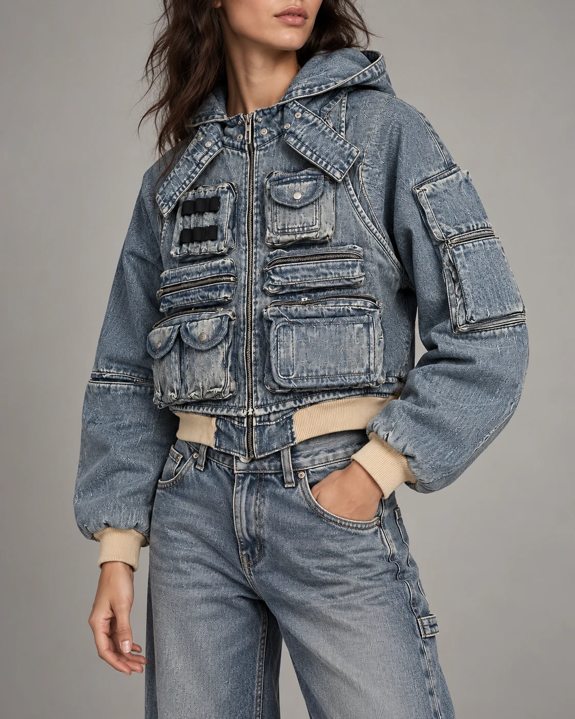Multi-Pocket Utility Denim Hooded Jacket — AI design reference 3