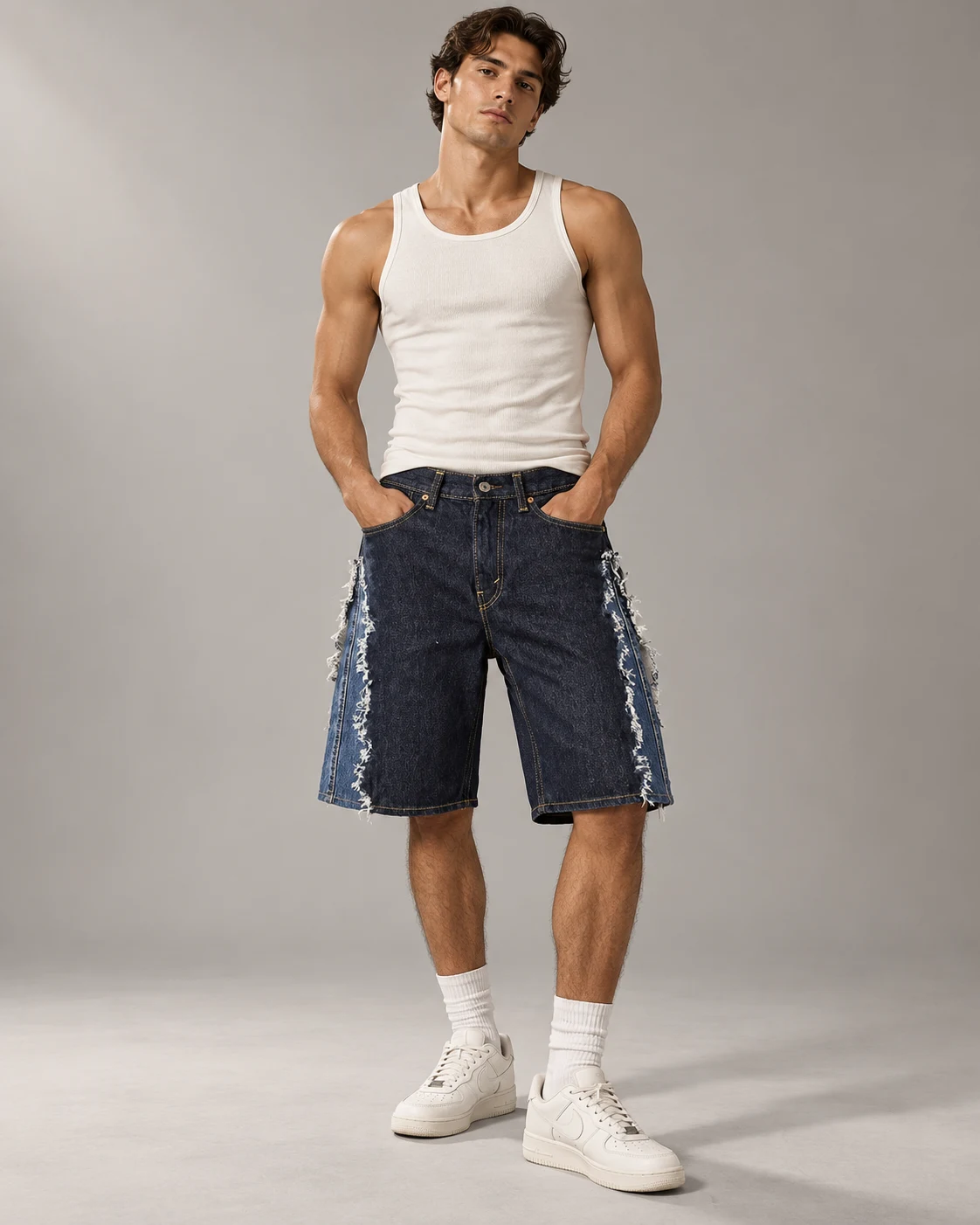 Two-Tone Blue Frayed Side Panel Shorts — AI design reference 4