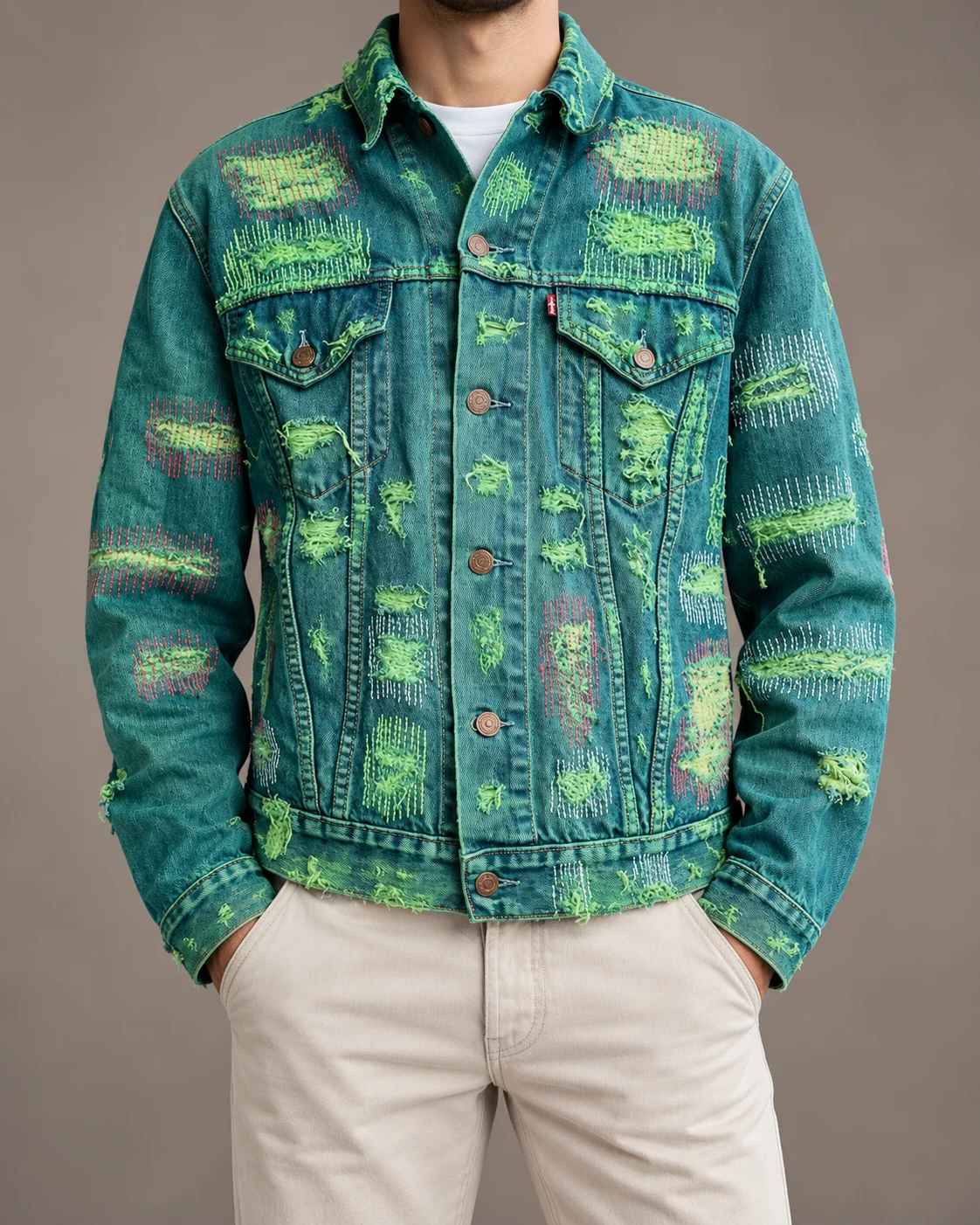 Teal Green Distressed Repair Denim Jacket — AI design reference 2