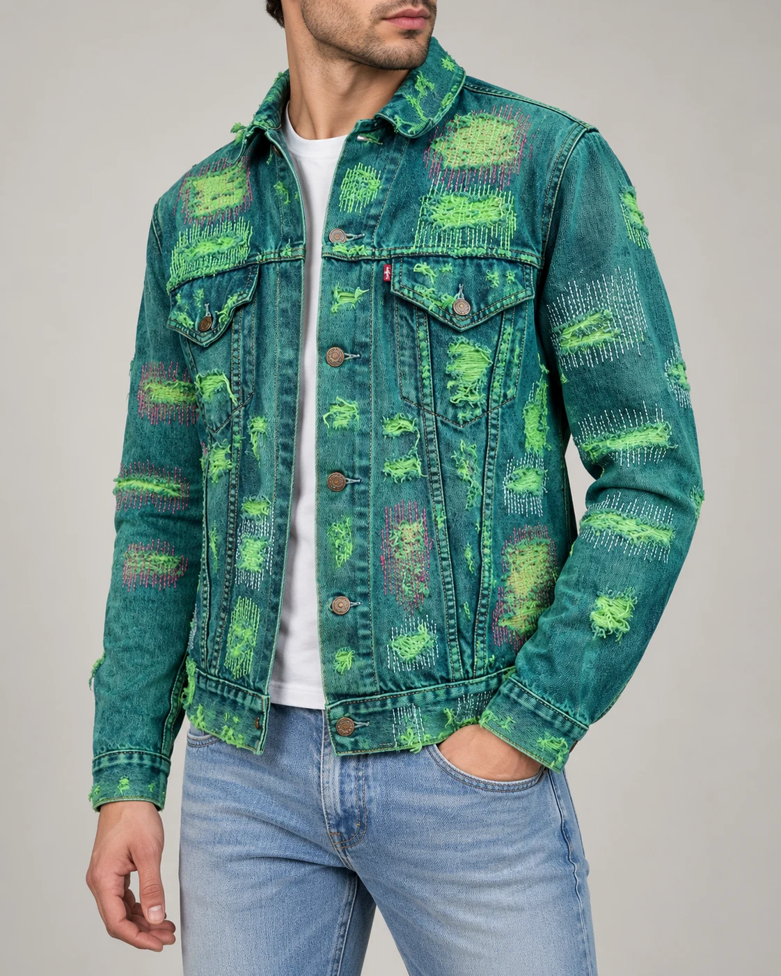 Teal Green Distressed Repair Denim Jacket — AI design reference 3