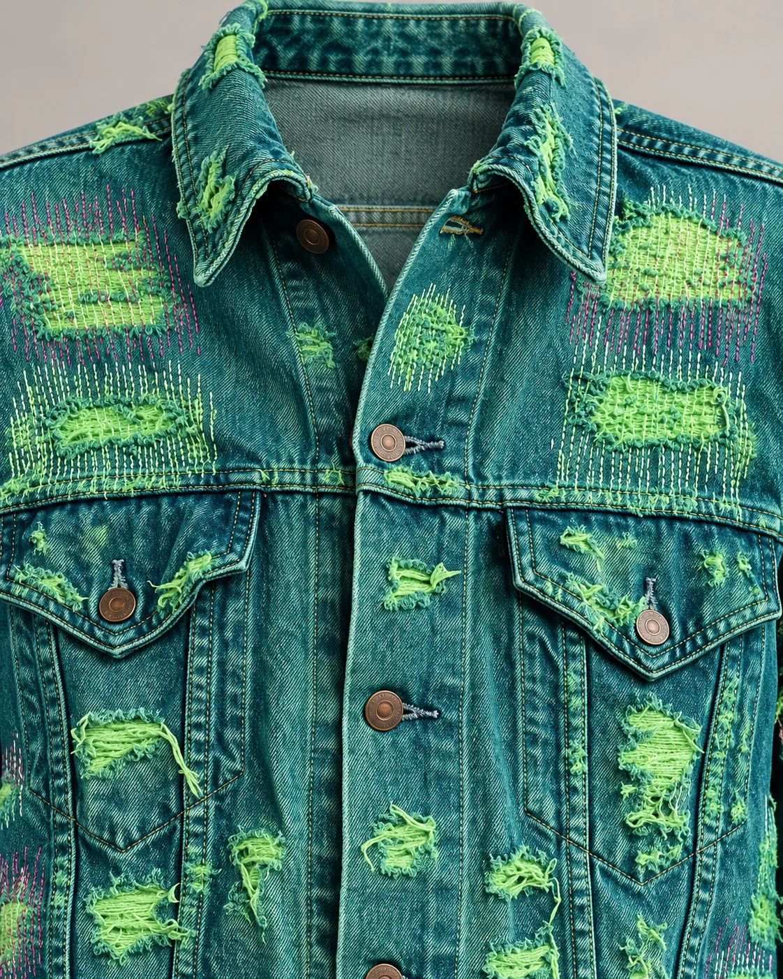 Teal Green Distressed Repair Denim Jacket — AI design reference 4