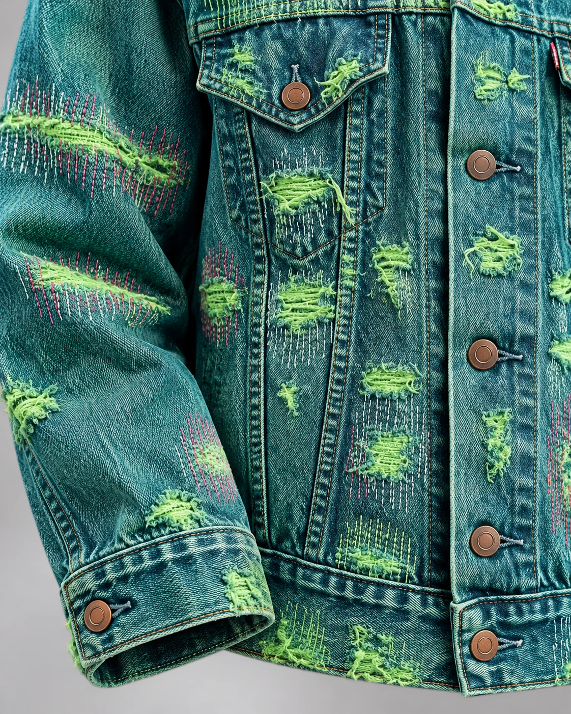 Teal Green Distressed Repair Denim Jacket — AI design reference 5