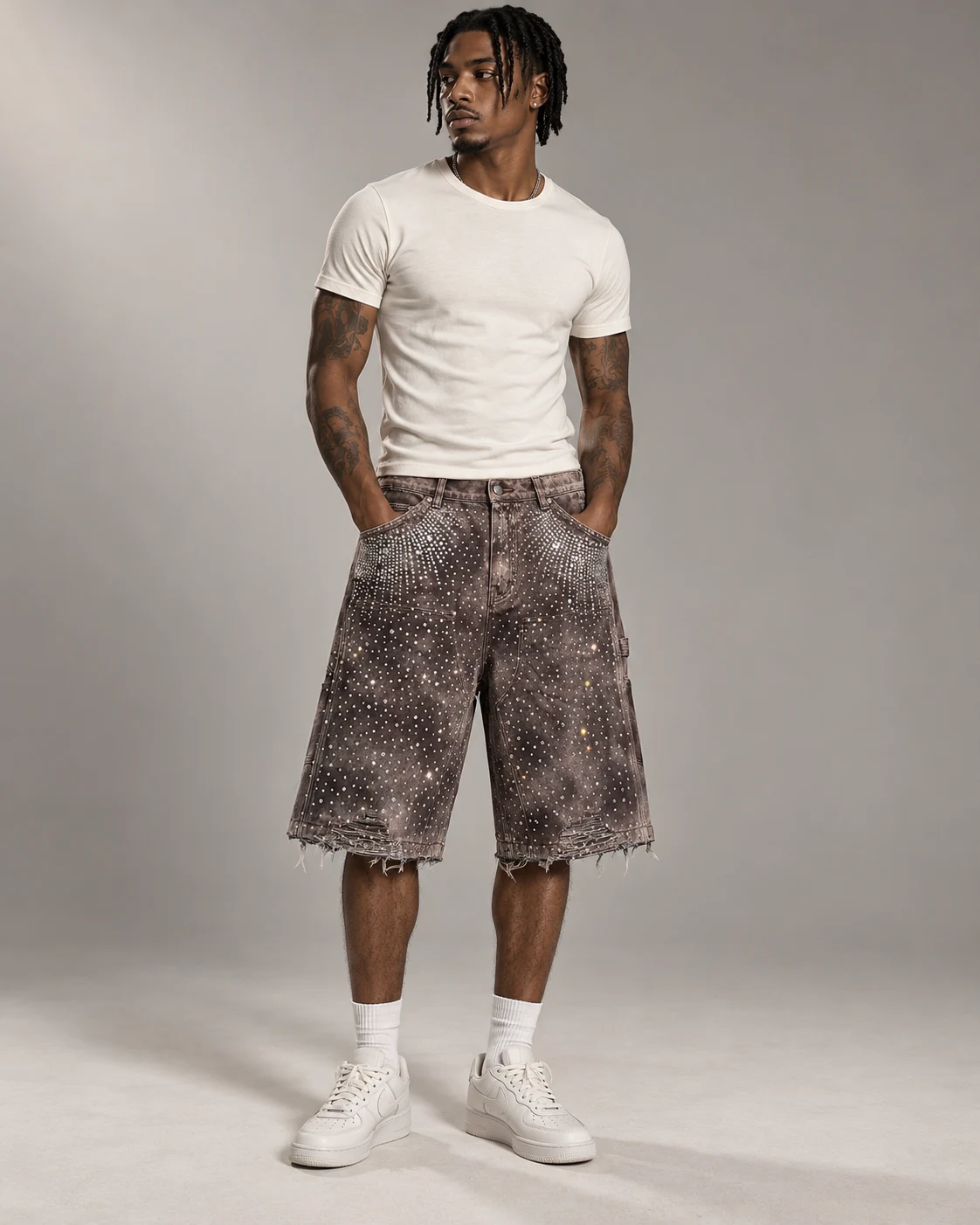Grey Brown Rhinestone Utility Shorts — AI design reference 4