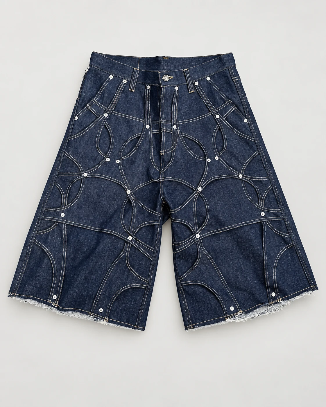 Circular-Stitch Rivet Denim Shorts — AI design reference 1