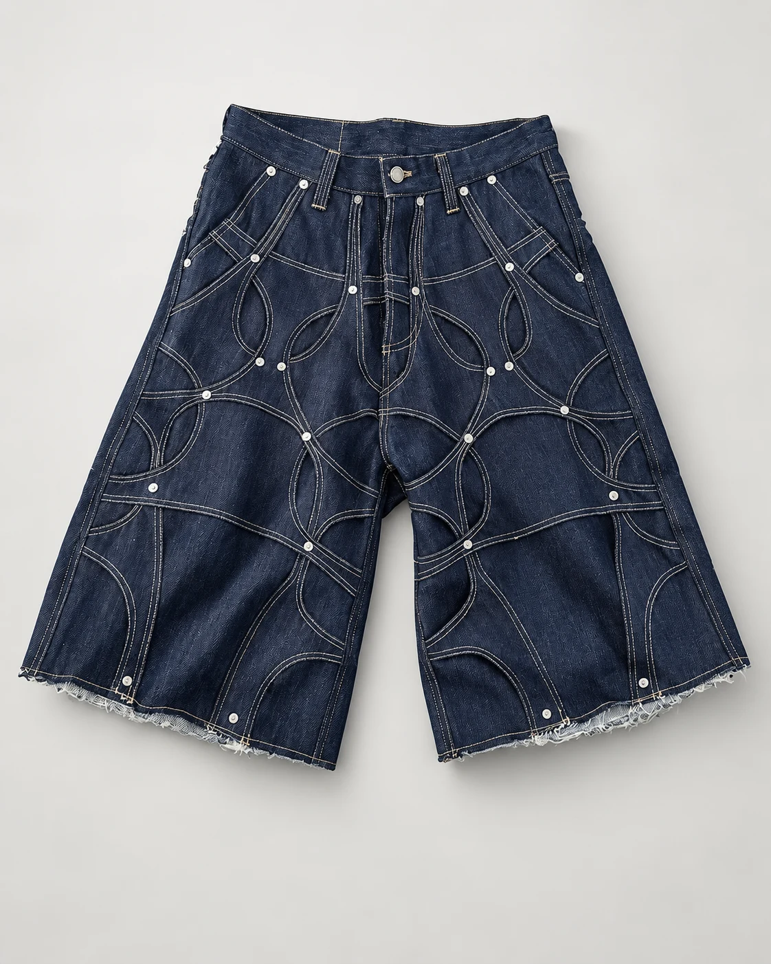 Circular-Stitch Rivet Denim Shorts — AI design reference 2
