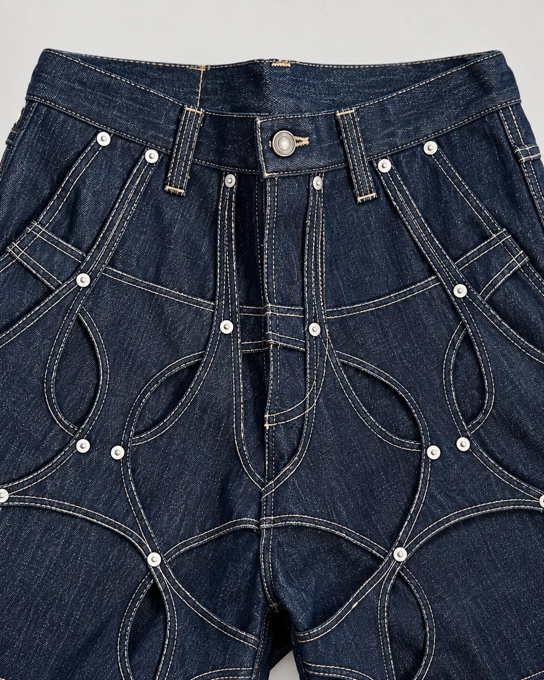 Circular-Stitch Rivet Denim Shorts — AI design reference 3