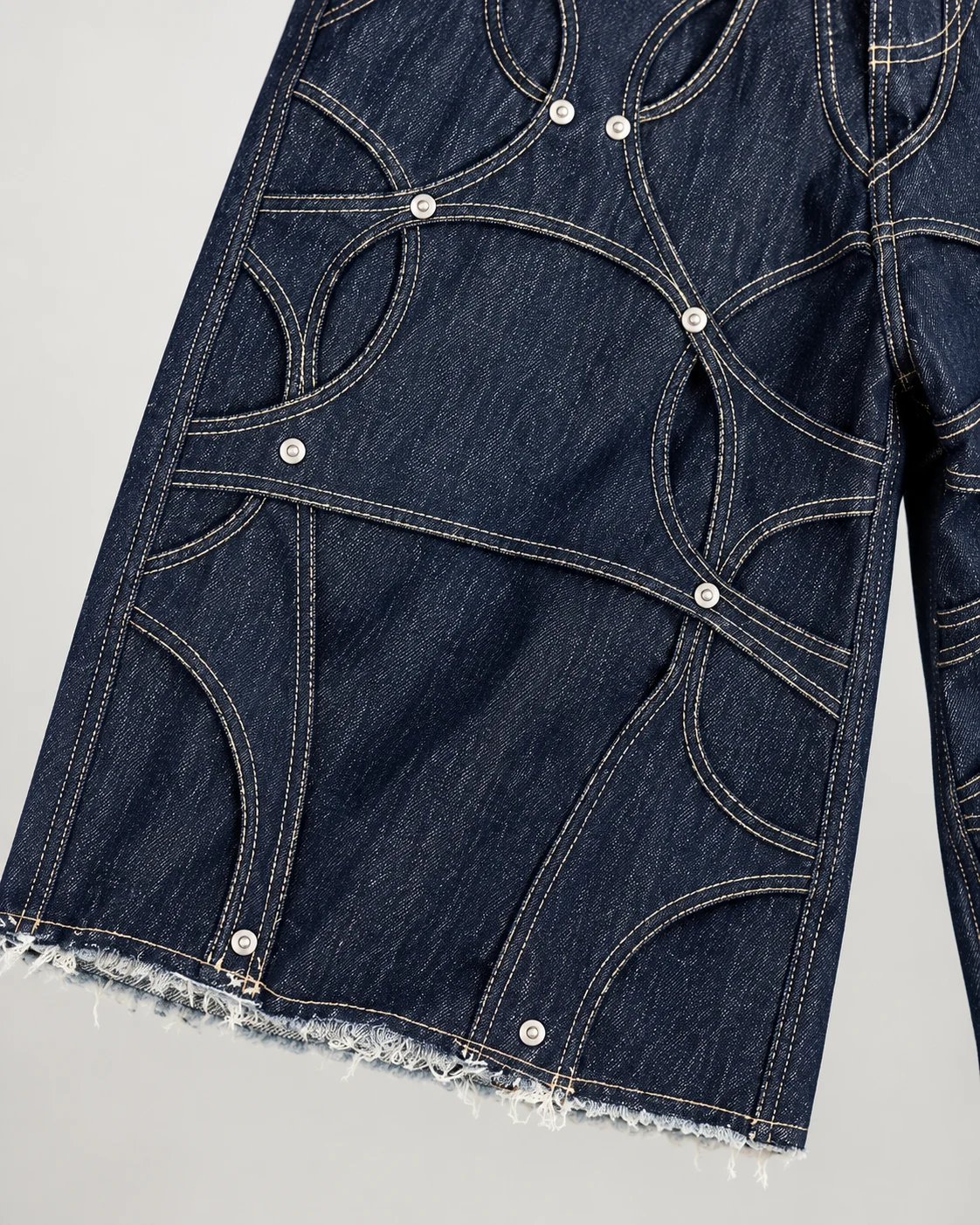 Circular-Stitch Rivet Denim Shorts — AI design reference 5