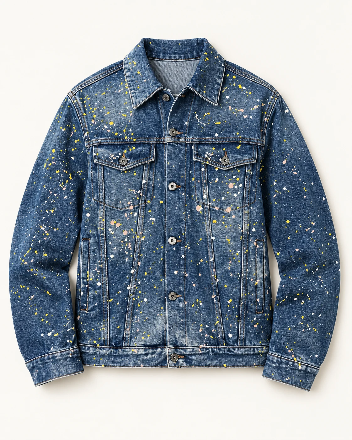 Blue Paint-Splattered Denim Jacket — AI design reference 1