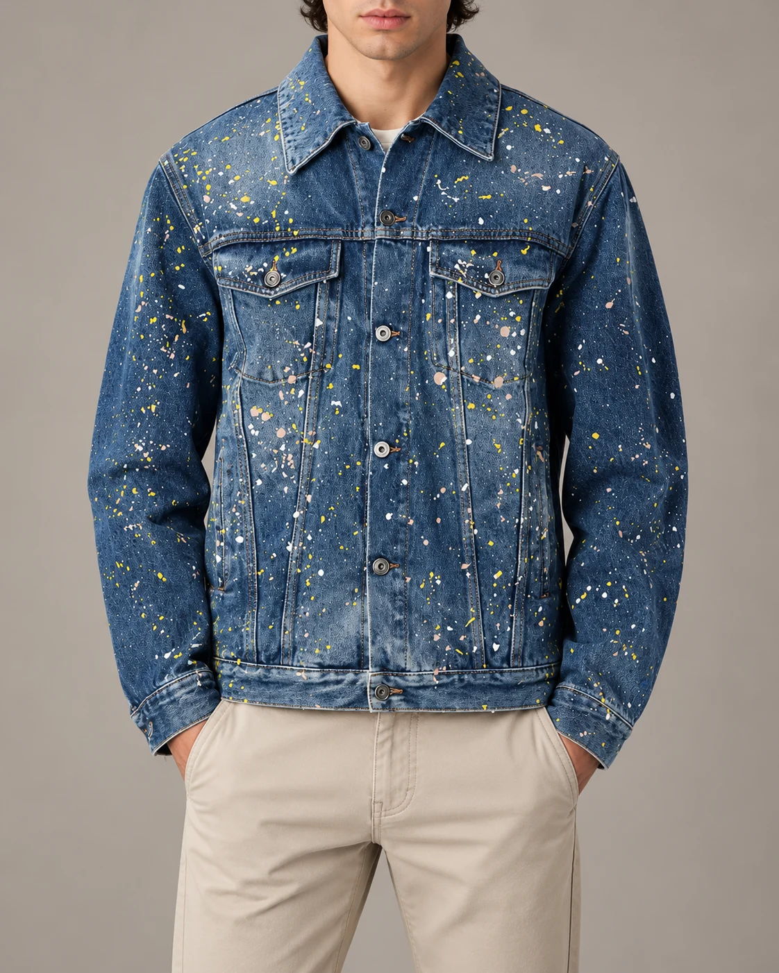Blue Paint-Splattered Denim Jacket — AI design reference 2