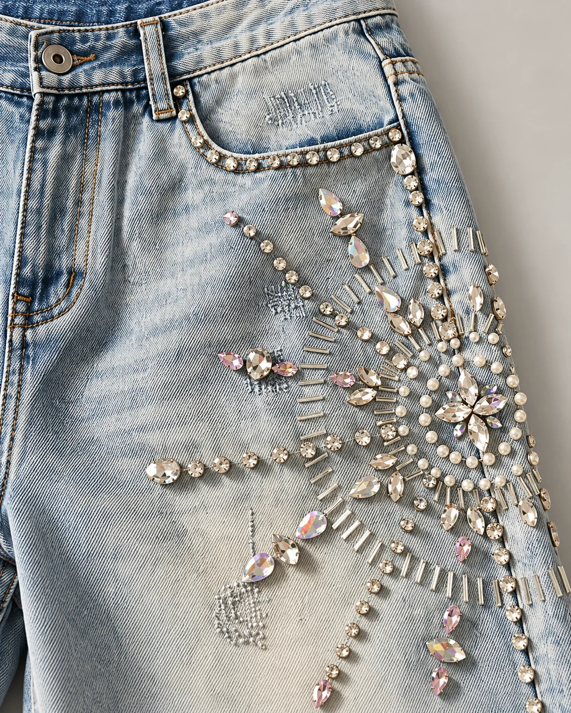 Crystal Embellished Washed Denim Shorts — AI design reference 3