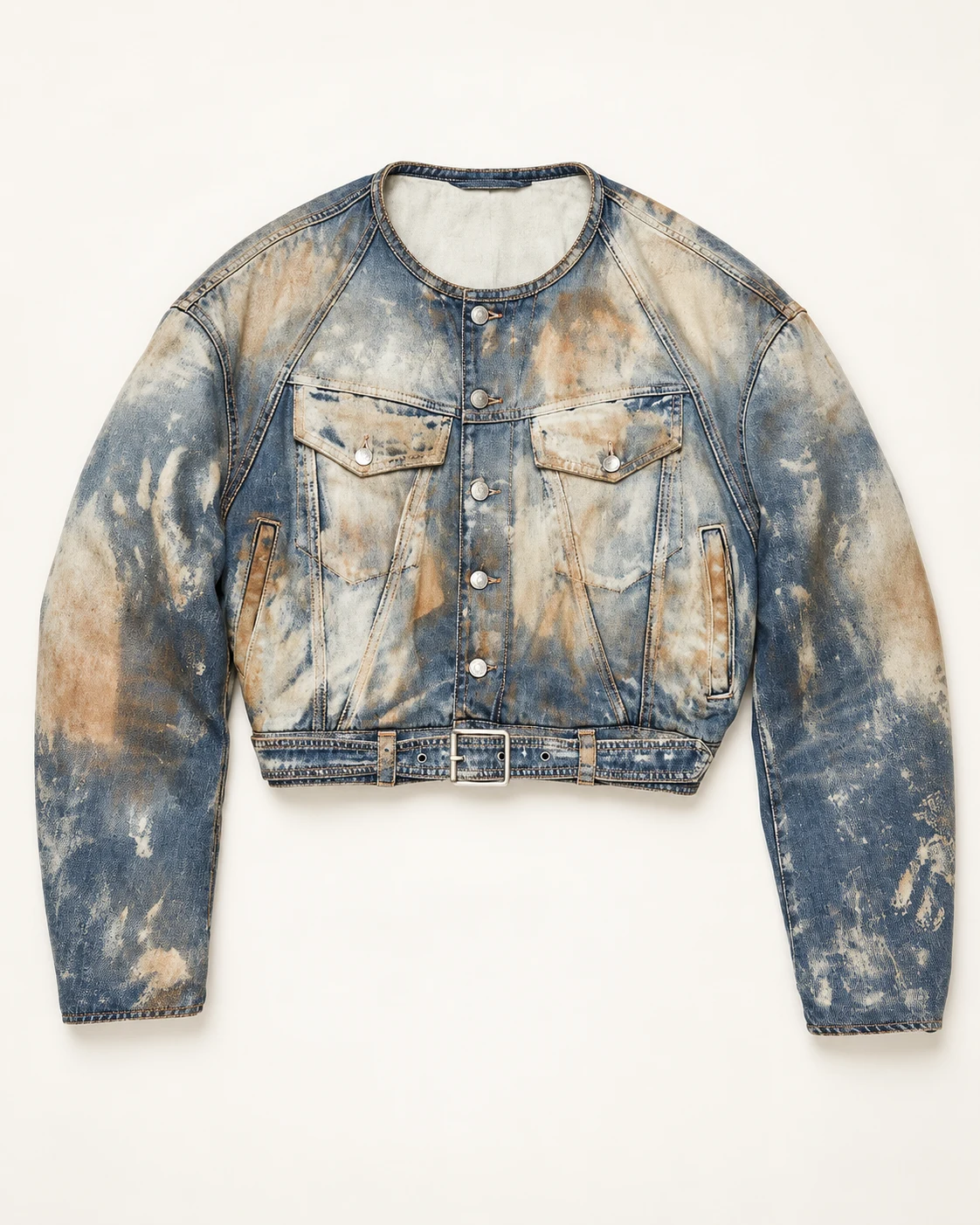 Blue Tan Paint-Washed Collarless Denim Jacket — AI design reference 1