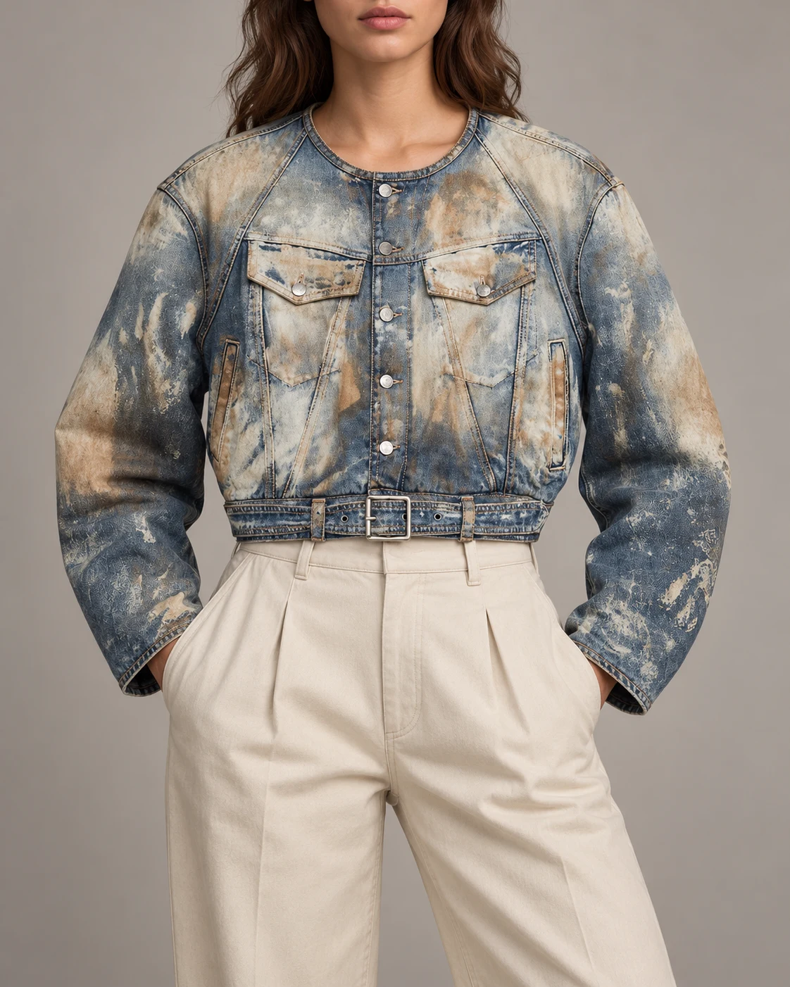 Blue Tan Paint-Washed Collarless Denim Jacket — AI design reference 2
