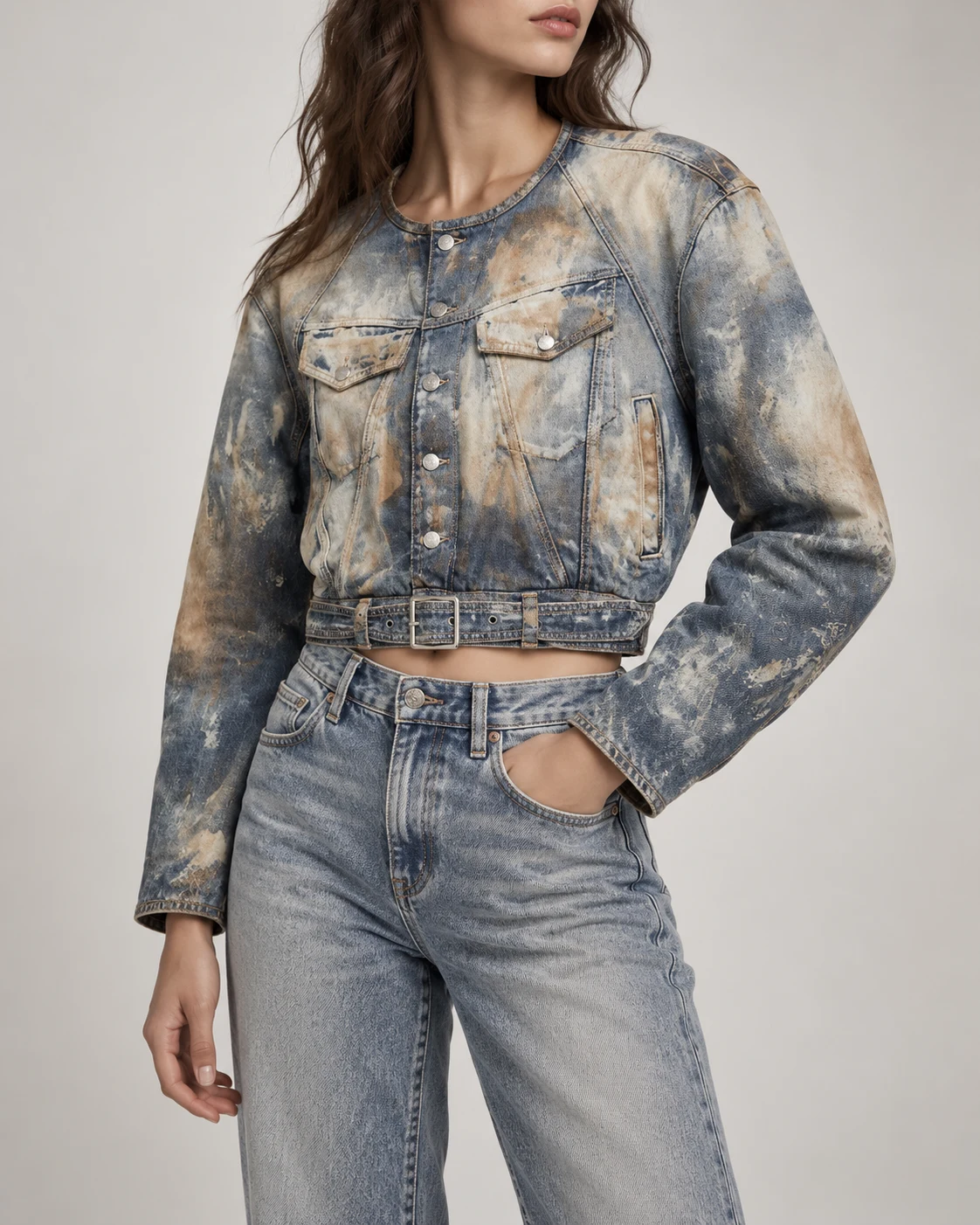 Blue Tan Paint-Washed Collarless Denim Jacket — AI design reference 3