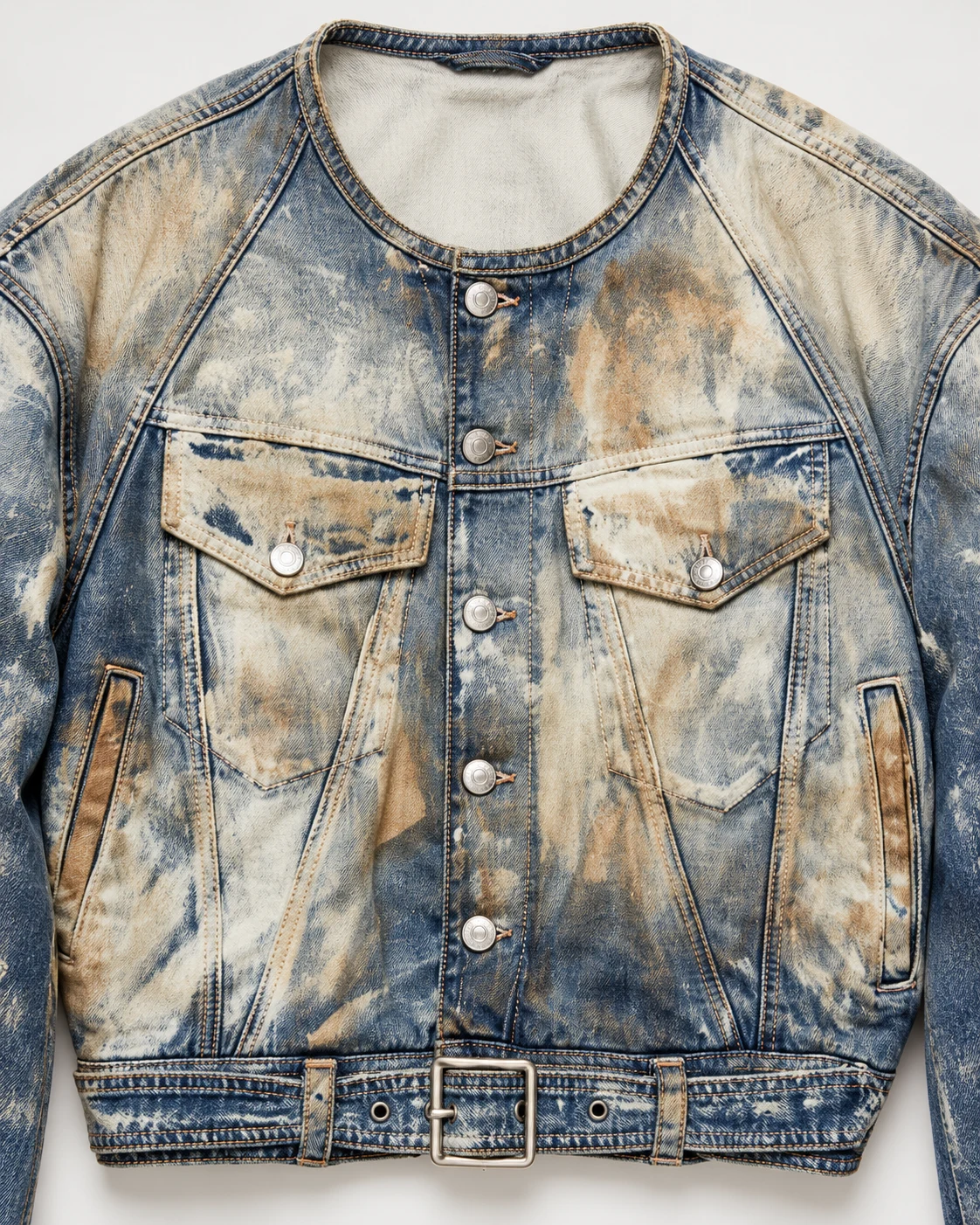 Blue Tan Paint-Washed Collarless Denim Jacket — AI design reference 4