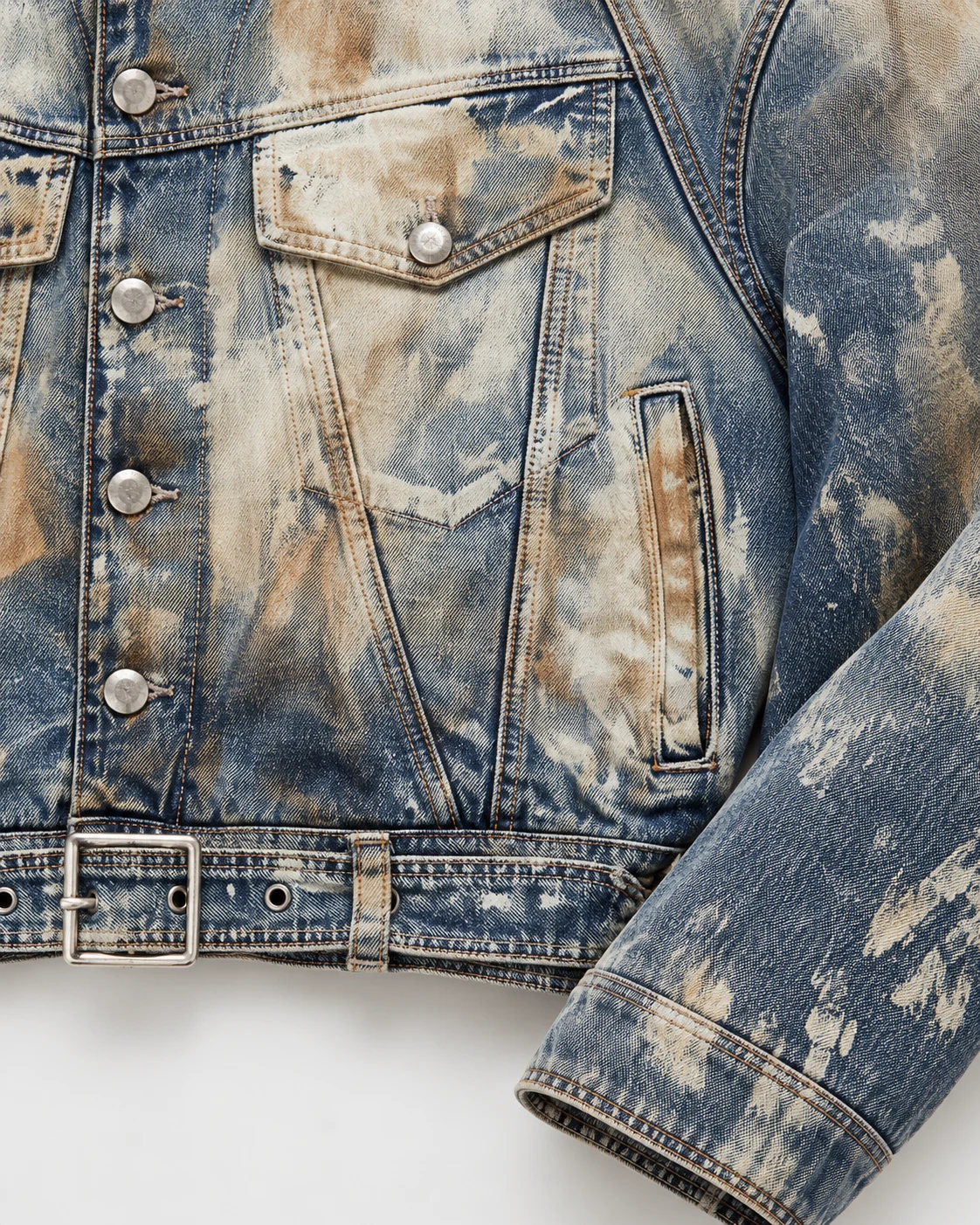 Blue Tan Paint-Washed Collarless Denim Jacket — AI design reference 5