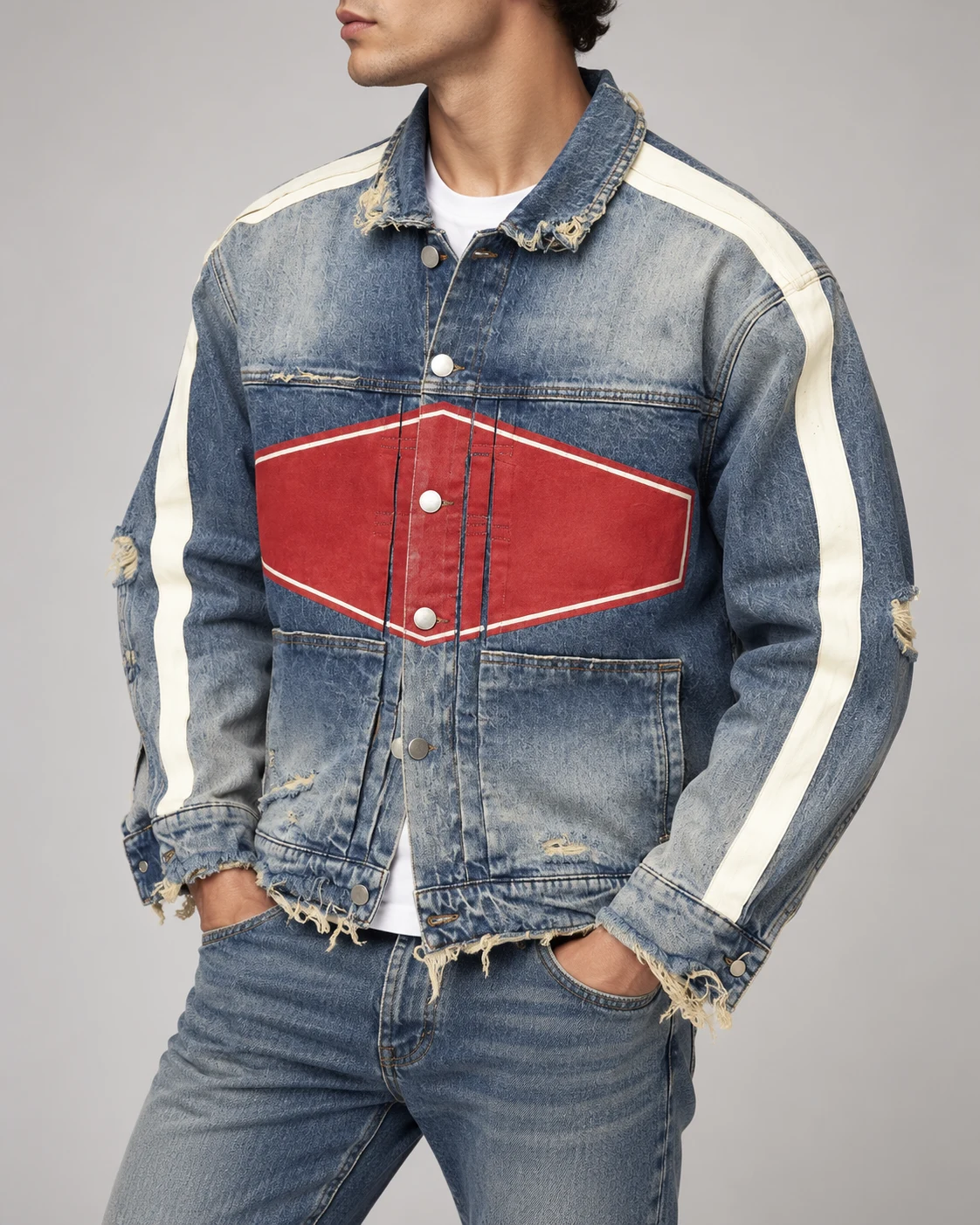 Blue Graphic Distressed Denim Jacket — AI design reference 3