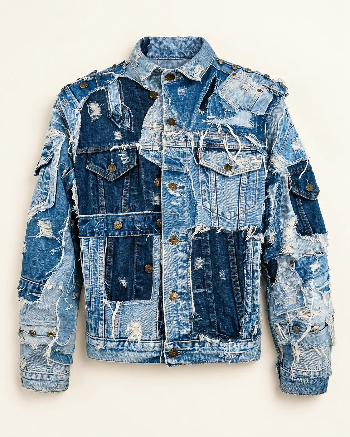 Blue Multi-Pocket Distressed Patchwork Jacket — AI design reference 1