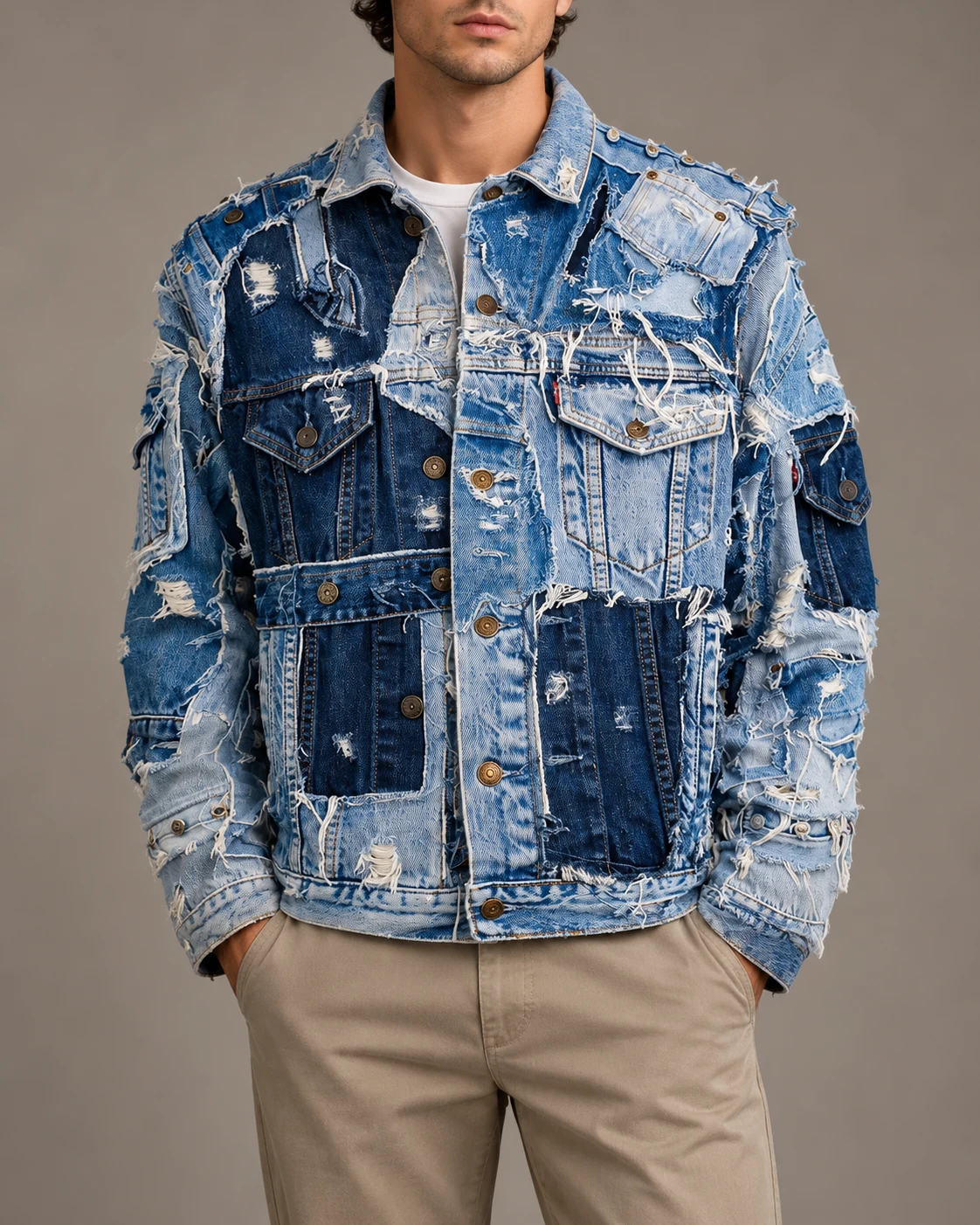 Blue Multi-Pocket Distressed Patchwork Jacket — AI design reference 2