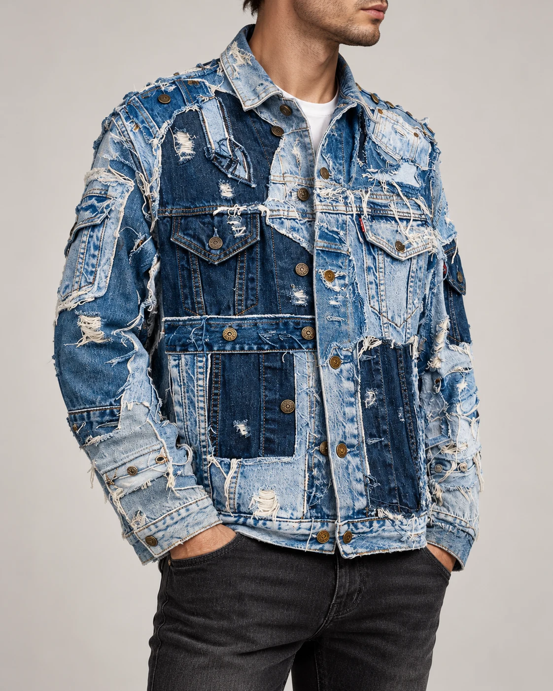 Blue Multi-Pocket Distressed Patchwork Jacket — AI design reference 3