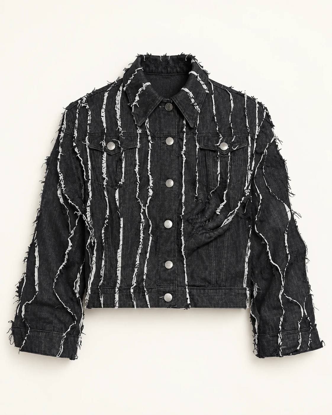 Black Vertical Frayed Stripe Denim Jacket — AI design reference 1