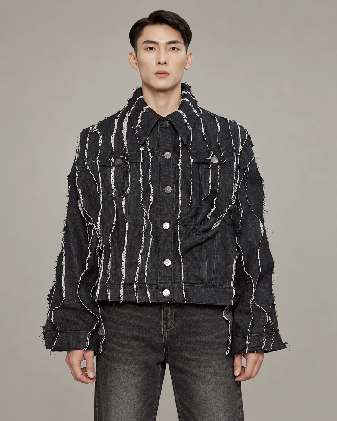 Black Vertical Frayed Stripe Denim Jacket — AI design reference 2