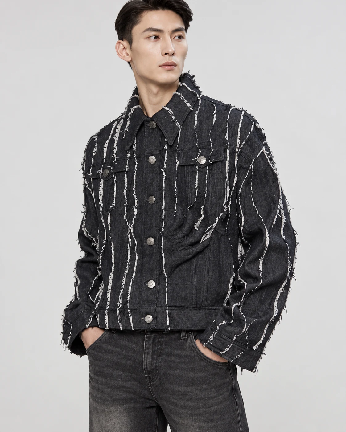 Black Vertical Frayed Stripe Denim Jacket — AI design reference 3