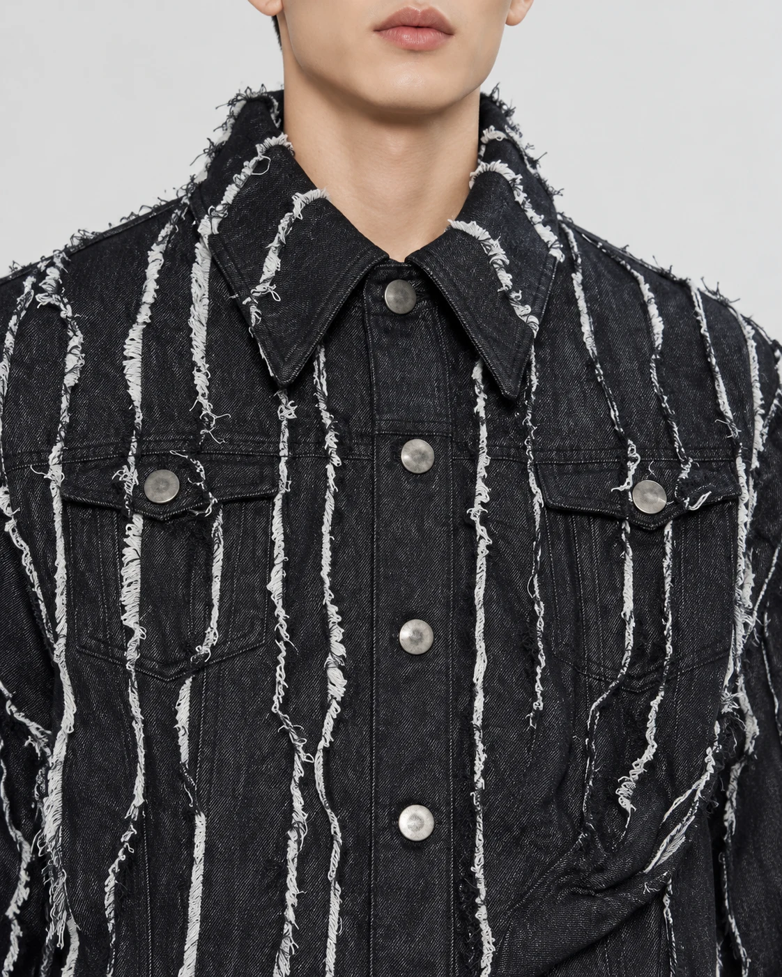 Black Vertical Frayed Stripe Denim Jacket — AI design reference 4