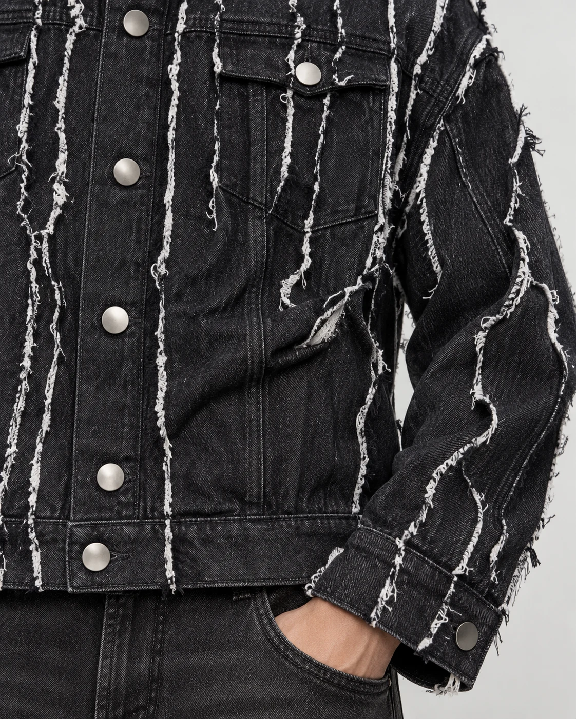 Black Vertical Frayed Stripe Denim Jacket — AI design reference 5