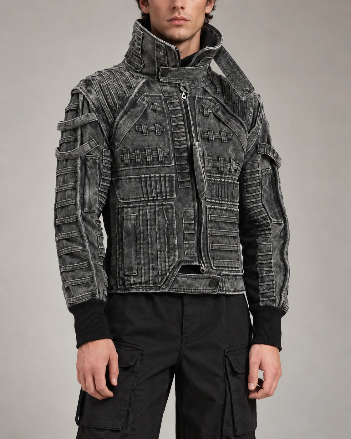 Charcoal High-Collar Utility Denim Jacket — AI design reference 2