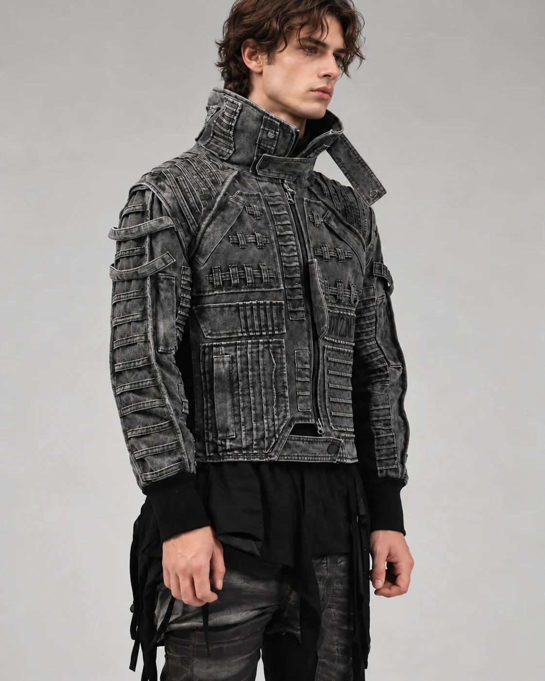 Charcoal High-Collar Utility Denim Jacket — AI design reference 3