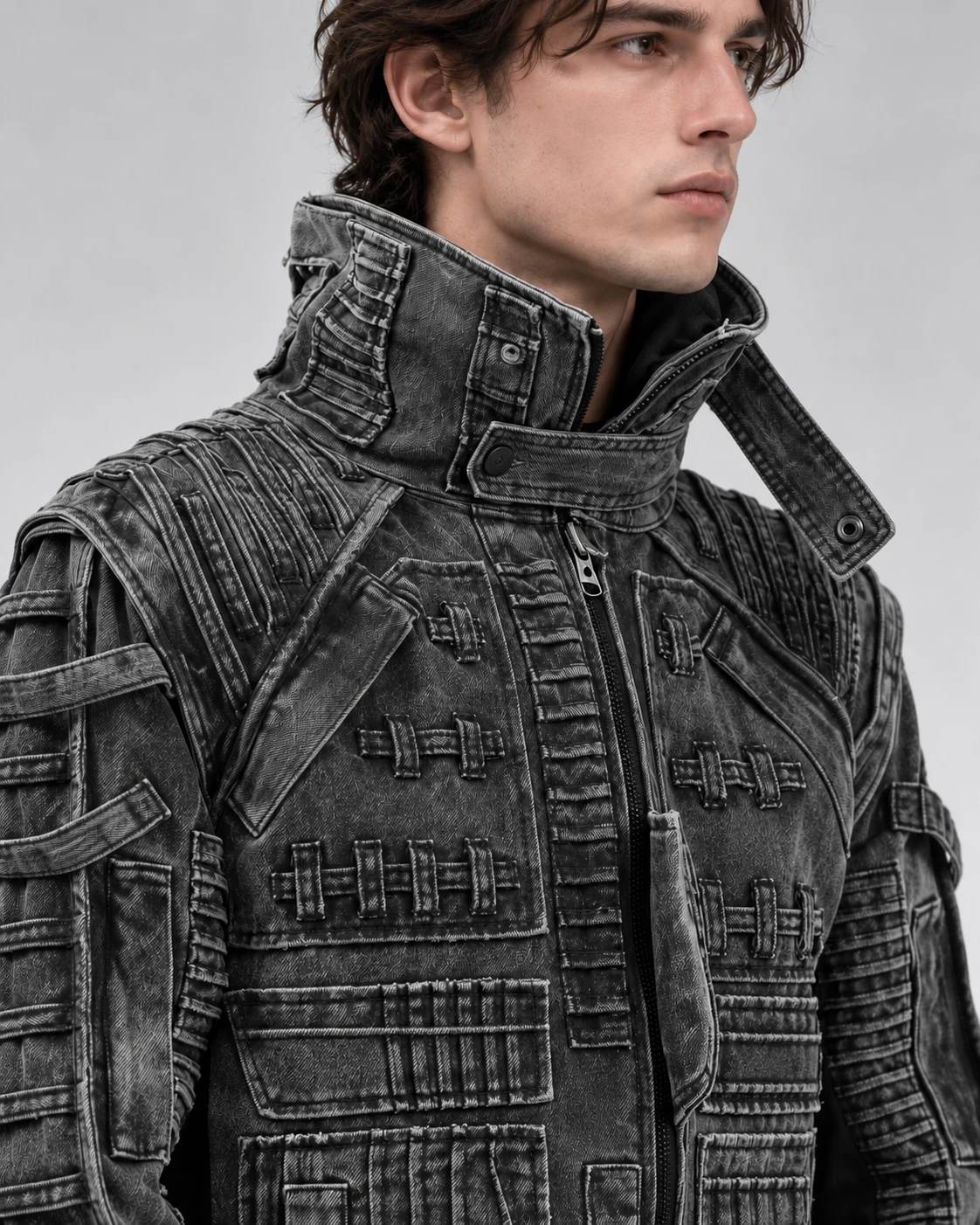 Charcoal High-Collar Utility Denim Jacket — AI design reference 4
