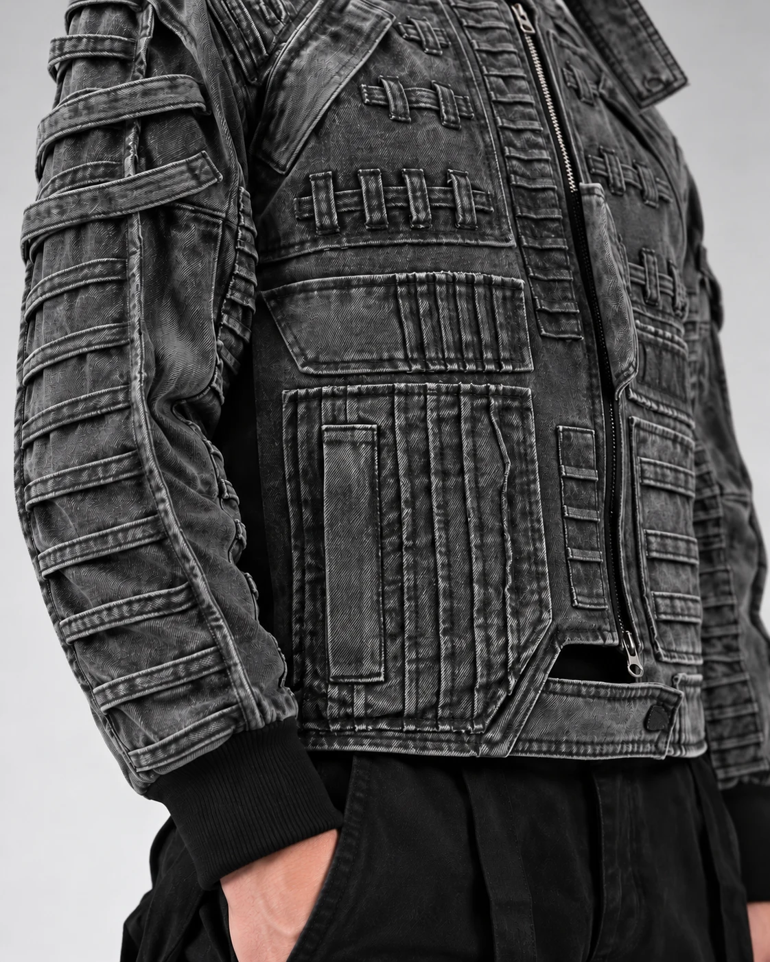 Charcoal High-Collar Utility Denim Jacket — AI design reference 5