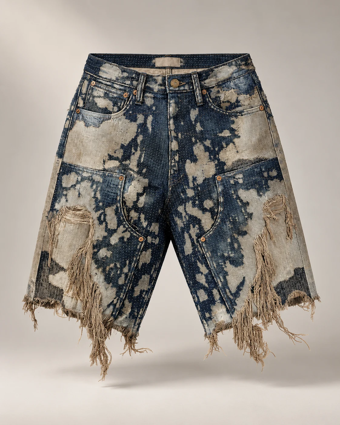 Indigo Bleached Geometric Stitch Shorts — AI design reference 1