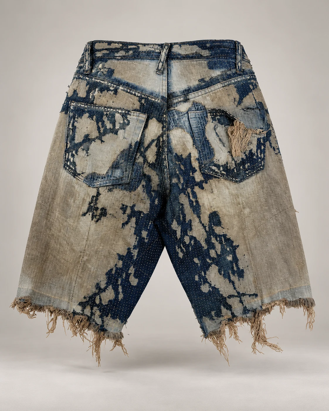Indigo Bleached Geometric Stitch Shorts — AI design reference 2
